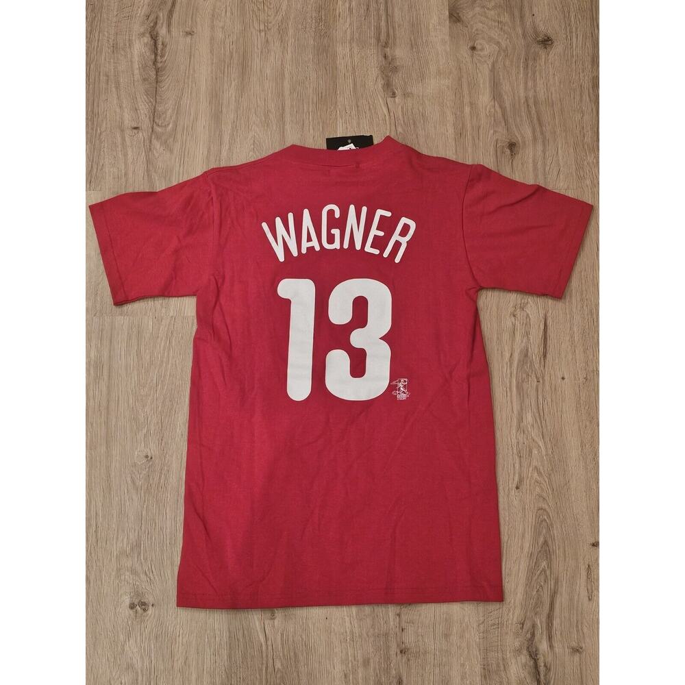 Vintage Majestic Philadelphia Phillies Phi Wagner #25 TShirt Mens Size S Red.